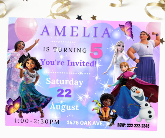 purple frozen encanto birthday invitation with sparkles and balloons